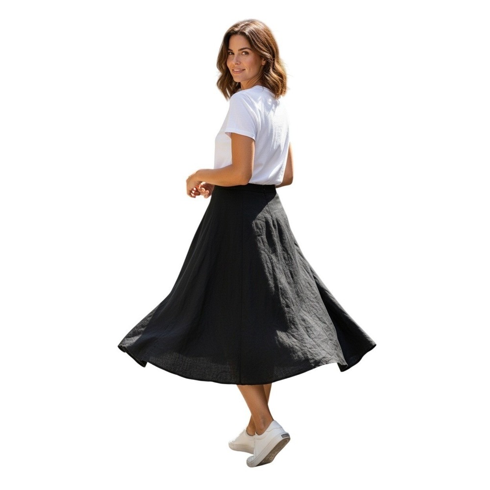 Larry Levine Black Linen Blend Midi Skirt 10 Flounce Hem Classic French Girl $89